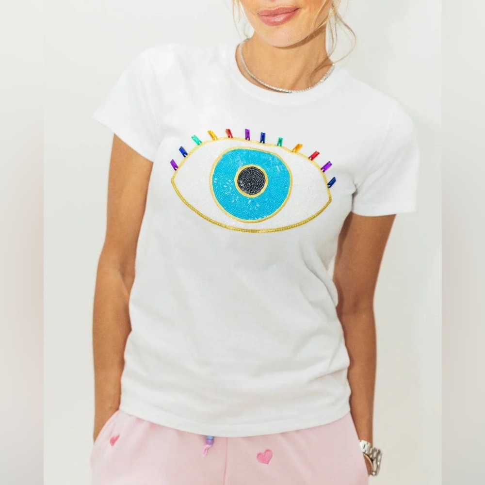 Lola and The Boys White Rainbow Evil Eye Tee